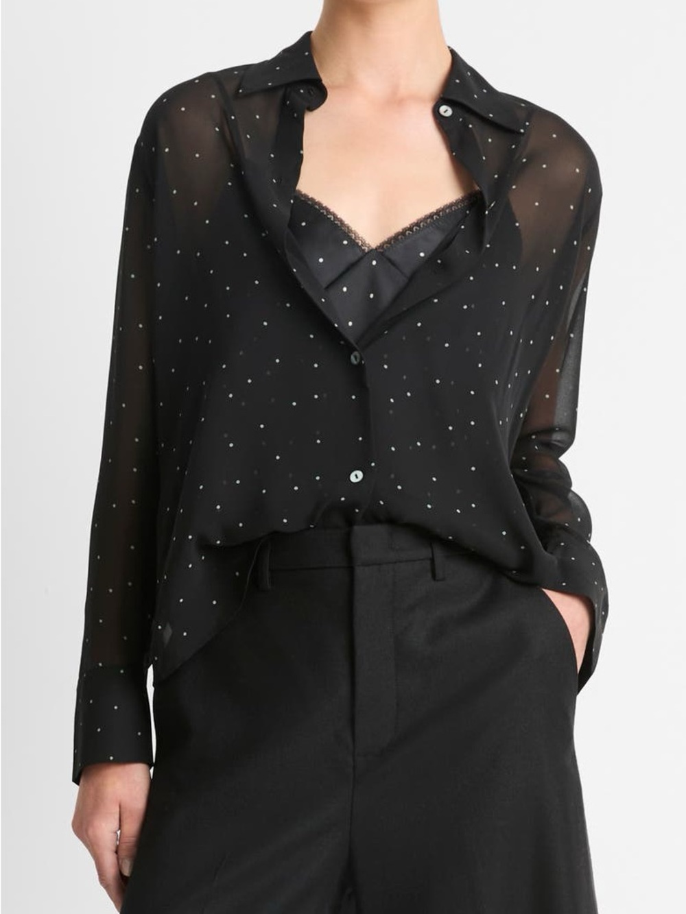 Vince Pin Dot Sheer Silk Button-Up Shirt & Lace Trim Camisole size XL!